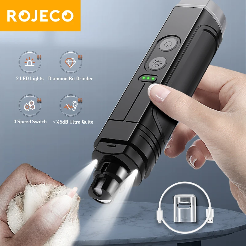 ROJECO P3 Electric Pet Nail Grinder Professional Dog Nail Clipper With 2 LED Light USB Rechargeable Cat Dog Grooming Accessories