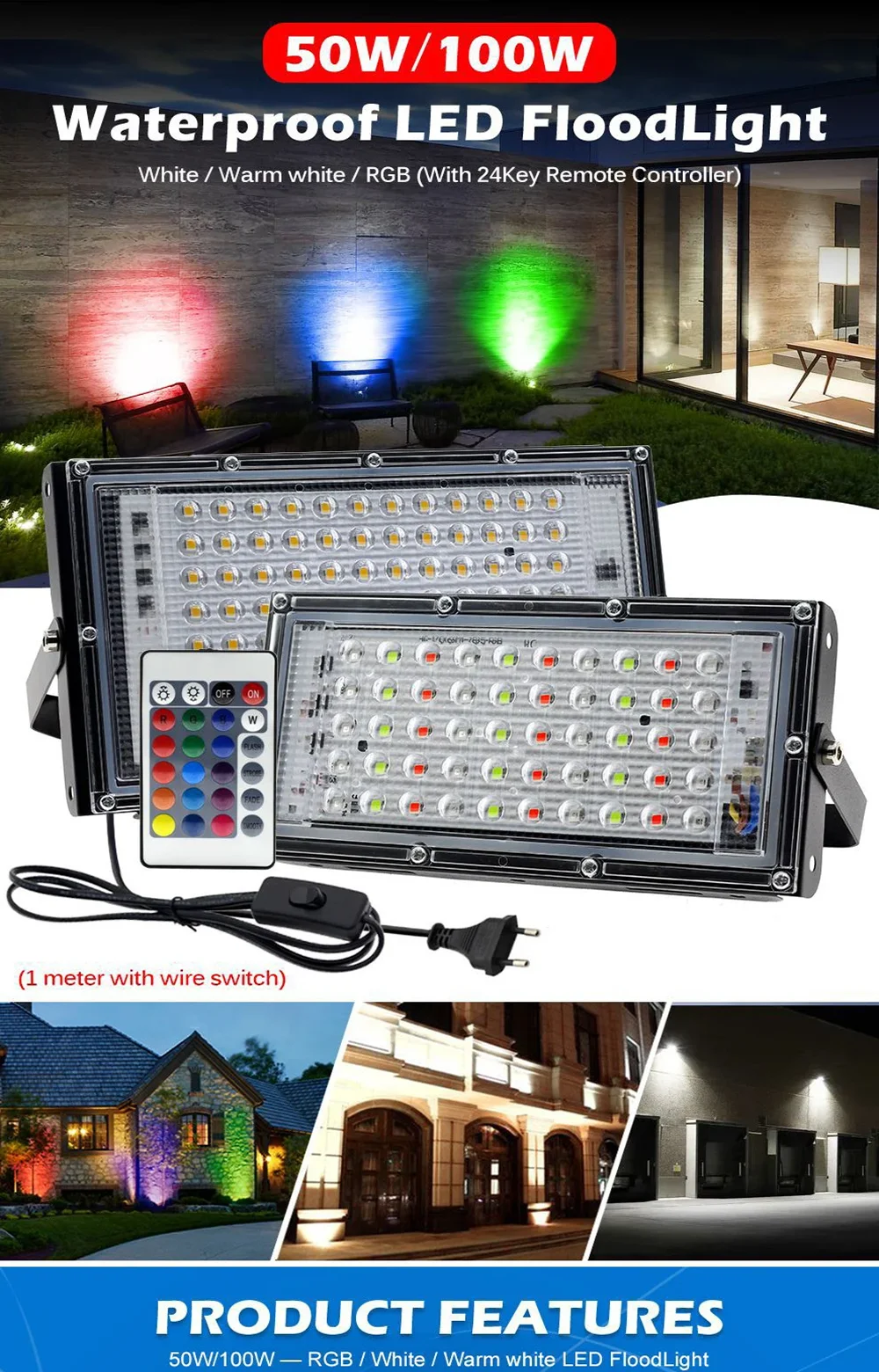 Description Picture 3 of item50W 100W RGB Flood Light Lamp Outdoor AC220V Garden Lighting Floodlight IP65 Waterproof Reflector LED RGB Spotlight with Remote