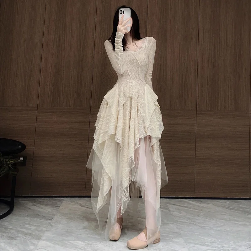 

Vintage Irregular Lace Dress Long Sleeve Slim Maxi Dress Layered Long Dress Gothic Style Vestidos De Mujer
