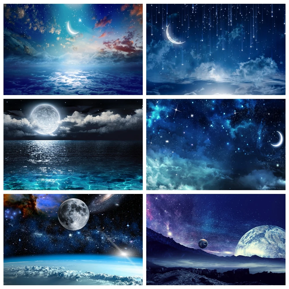 Night Starry Sky Cloud Backdrop Universe Earth Moon Planet Stars Baby Birthday Party Photography Background Decor Photo Studio