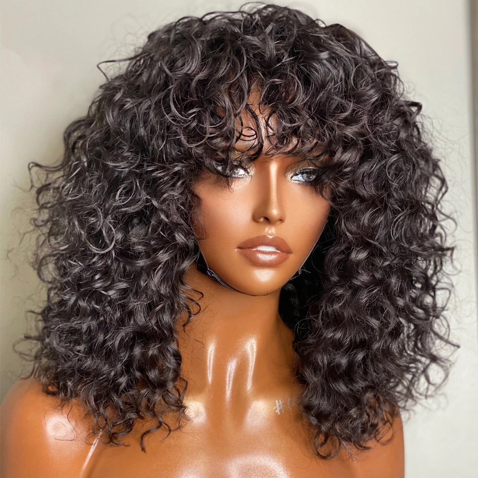

Natural Black 26Inches Kinky Curly Machine Wig With Bangs For Black Women High Temperature Fiber Cosplay Glueless Daily Use Wig