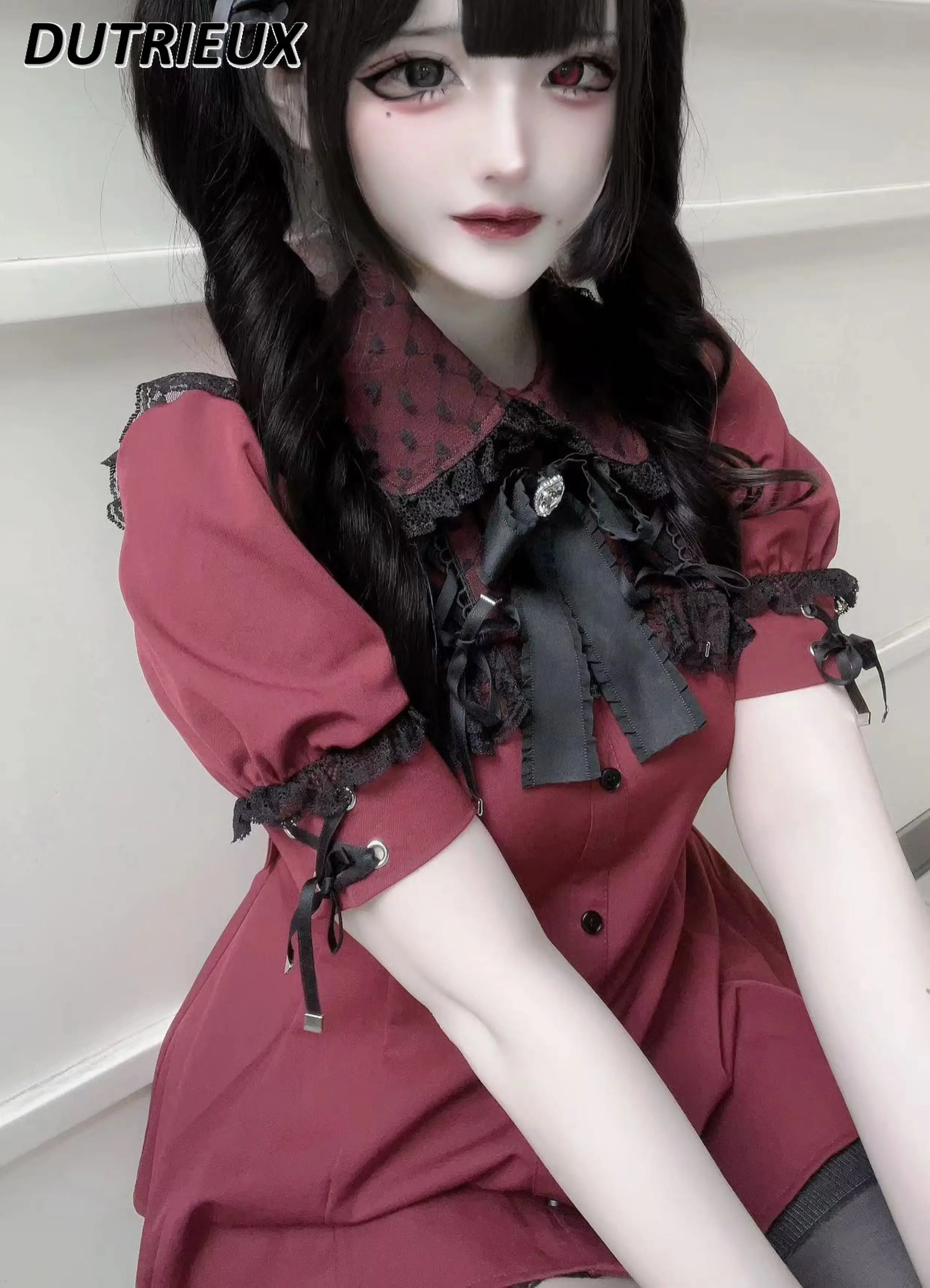 Japanese Original Mine Mass-Produced Short Sleeve Waist-Controlled Top Cuff with Strap Lace Dress and Base Shorts Suit Outfits