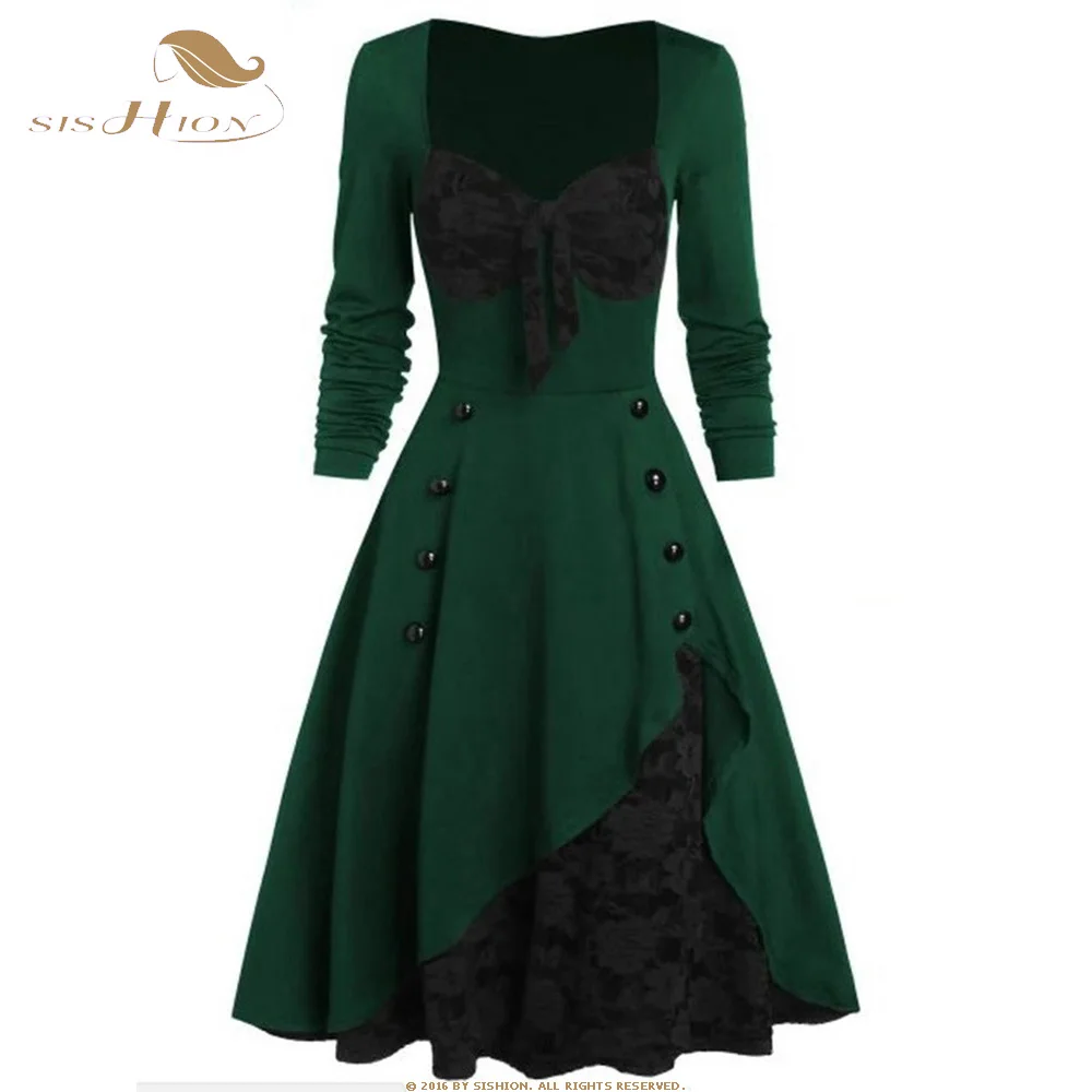 

SISHION S-5XL Gothic Casual Women Vintage Dress 50s 60s Rockabilly Lace Swing Pin Up Party Dresses Robe Elegant Vestidos SR0023