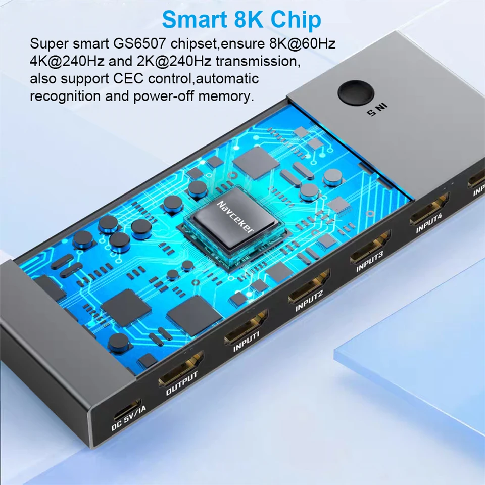 8K HDMI 2.1 Switch Splitter 4K 240Hz 5 Port HDMI 2.1 Switcher with remote 5 In 1