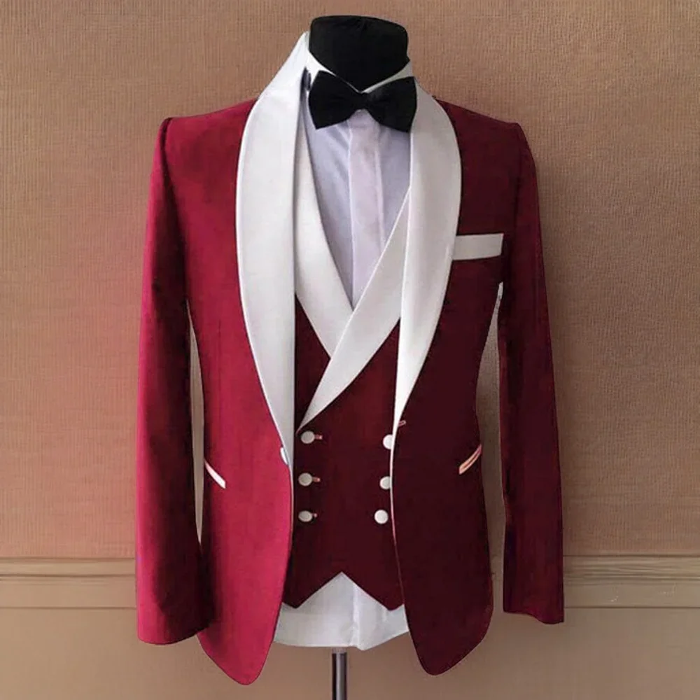 

Burgundy 3 Piece Men's Suits Groom Wear Tuxedos for Wedding Groomsmen Best Man Formal Party Suit (Jacket + Pant + Vest)