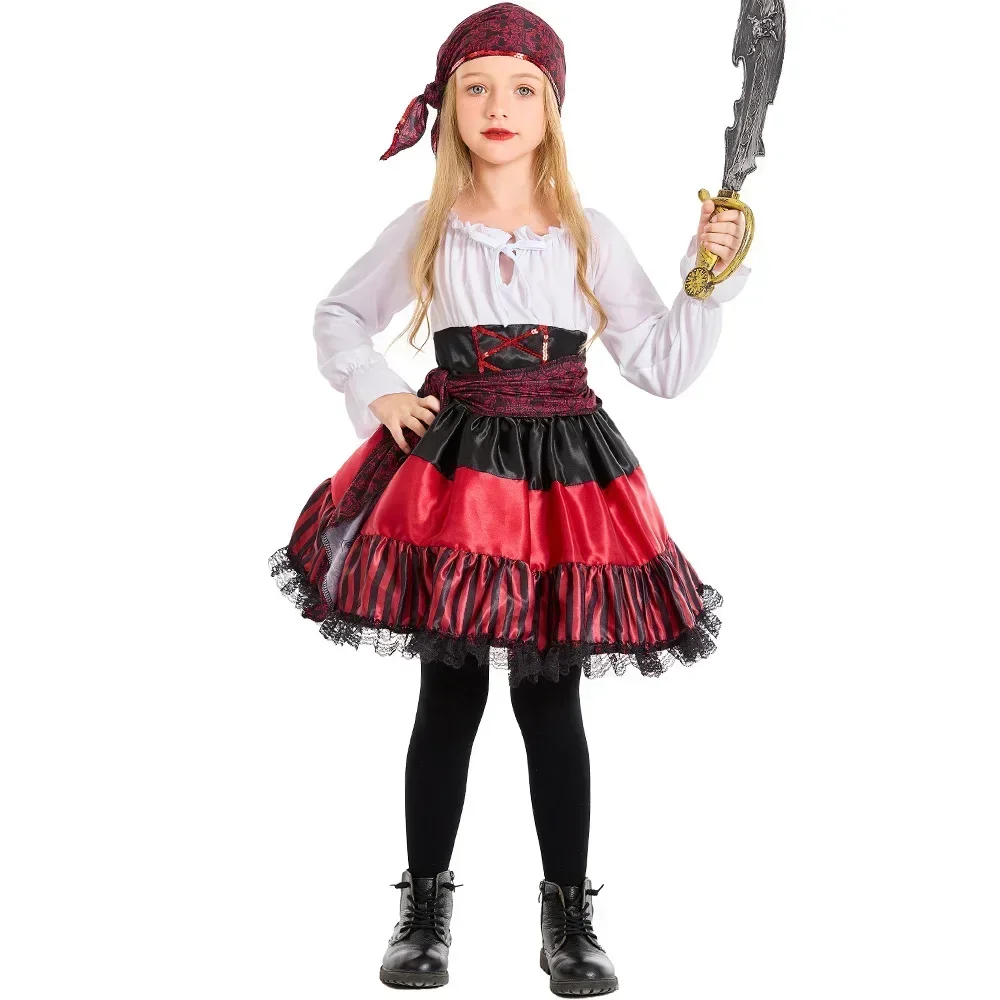 Pirates Girls Costumes Dress for Kids Child Halloween Pirate Cosplay Performance Clothes Carnival Party Navigator Stage Dress Up