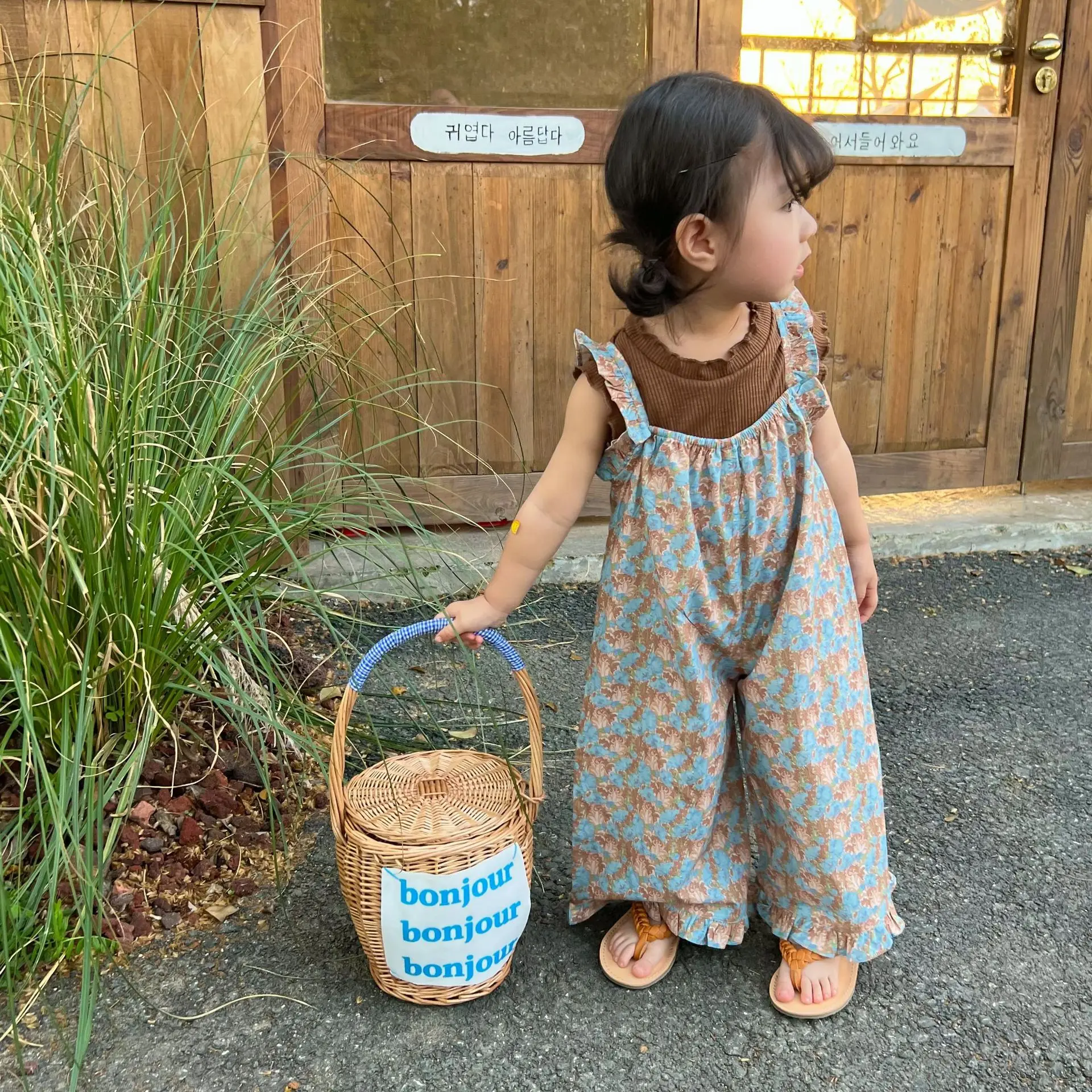 

Брюки для девочек, Новинка лета 2024, детская одежда в Корейском стиле, детский цветочный комбинезон для девочек, повседневный комбинезон с деревянными ушками