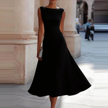 Temperament Commute Slim French Style Maxi Dress Elegant Simple Party A-line Dress for Women O-neck High Waist Solid Color Dress 1