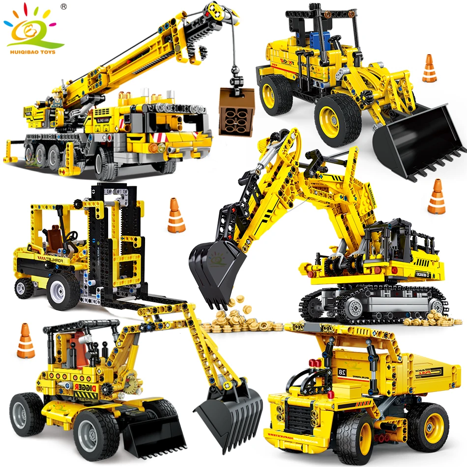 Huiqibao Engineering Truck Tech Building Block City Construction Toy Per Bambini Boy Adulti Escavatore Bulldozer Crane Car Brick