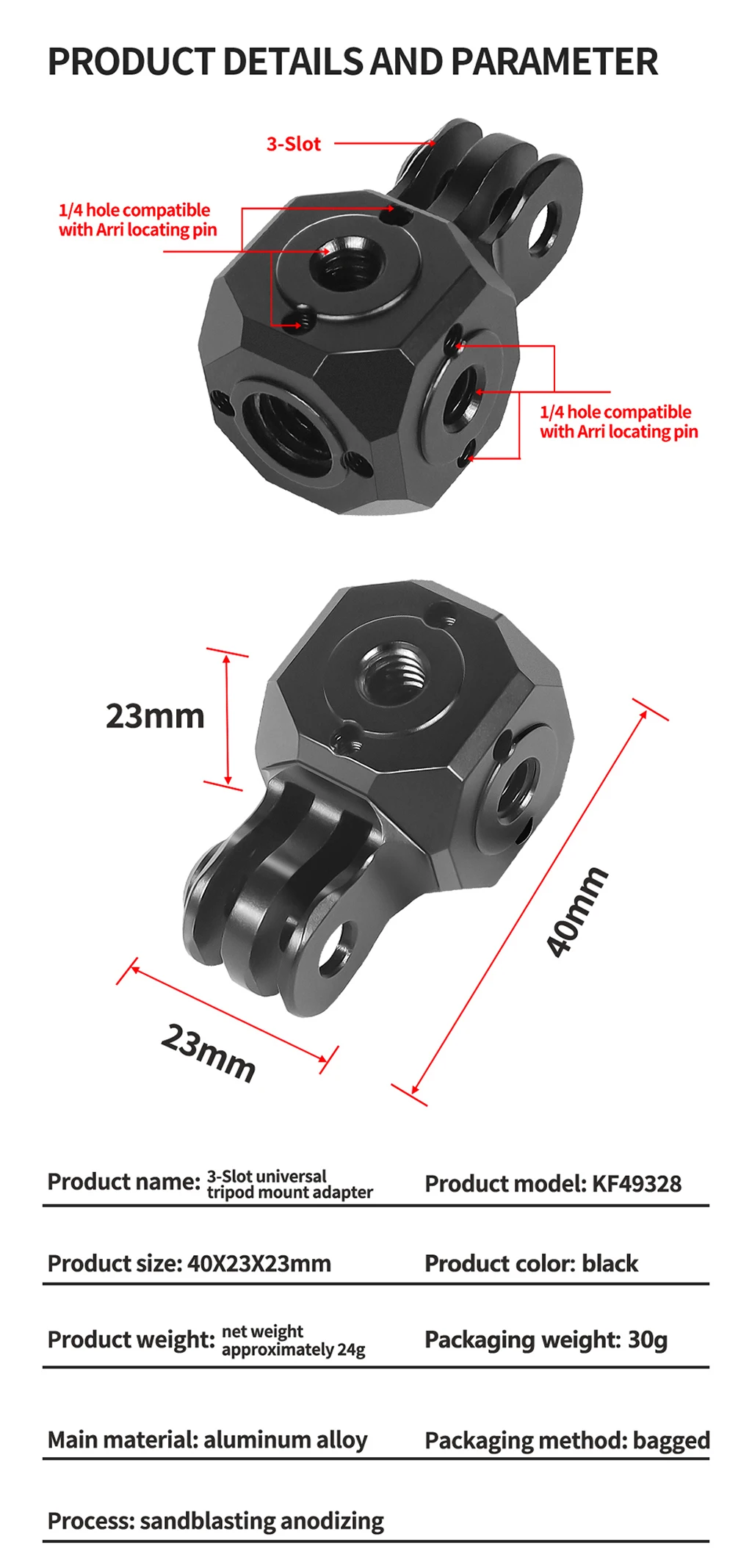 Befestigungs stecker für Block würfel halterung aus Aluminium legierung mit Arri 1/4 "3/8" Adapter für Gopro 2-Schlitz/3-Schlitz-Fotozubehör – Detail 10