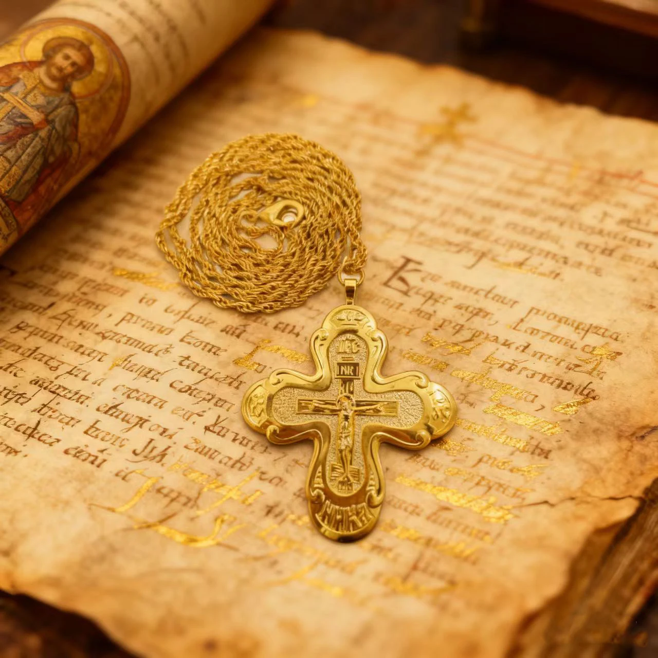 Neues 2026 Orthodoxes Brustkreuz, Orthodoxe Jesus-Halskette, Katholisches Kruzifix, Goldene Brustkreuz-Anhänger, Kreuzkette, Religiöser Schmuck – Detail 9