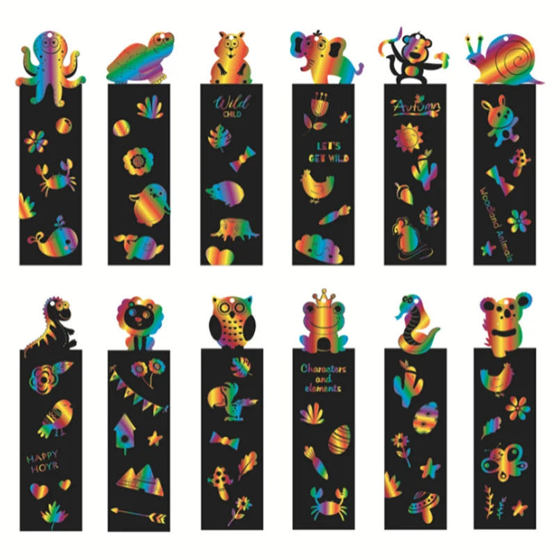 12PCS Bookmark Scratch Paper DIY Children Painting Toys Puzzle Early Education Toys Kids Birthday Gift Scratch Painting TMZ 5