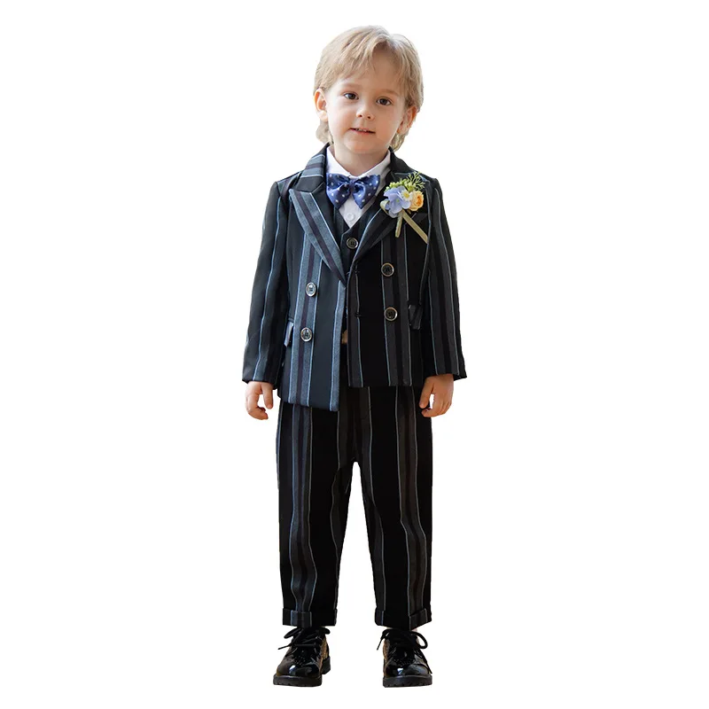 

Boy's British Striped Suit Sets Children Birthday Party Host Piano Performance Wedding Costume Kids Blazer Vest Pants Bowtie
