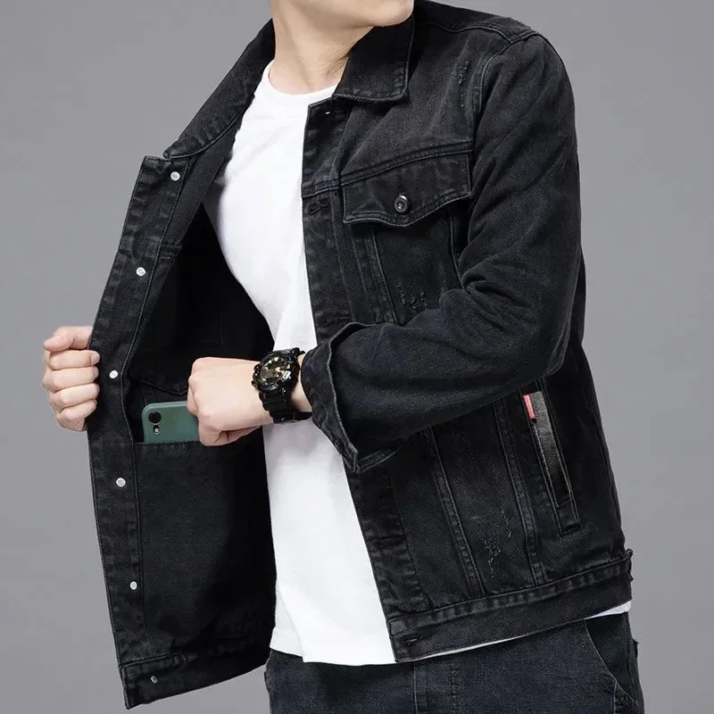 Men Black Denim Jacket Streetwear Spring Autumn Vintage Casual Long Sleeves Top Fashion Turndown Collar Loose Coat