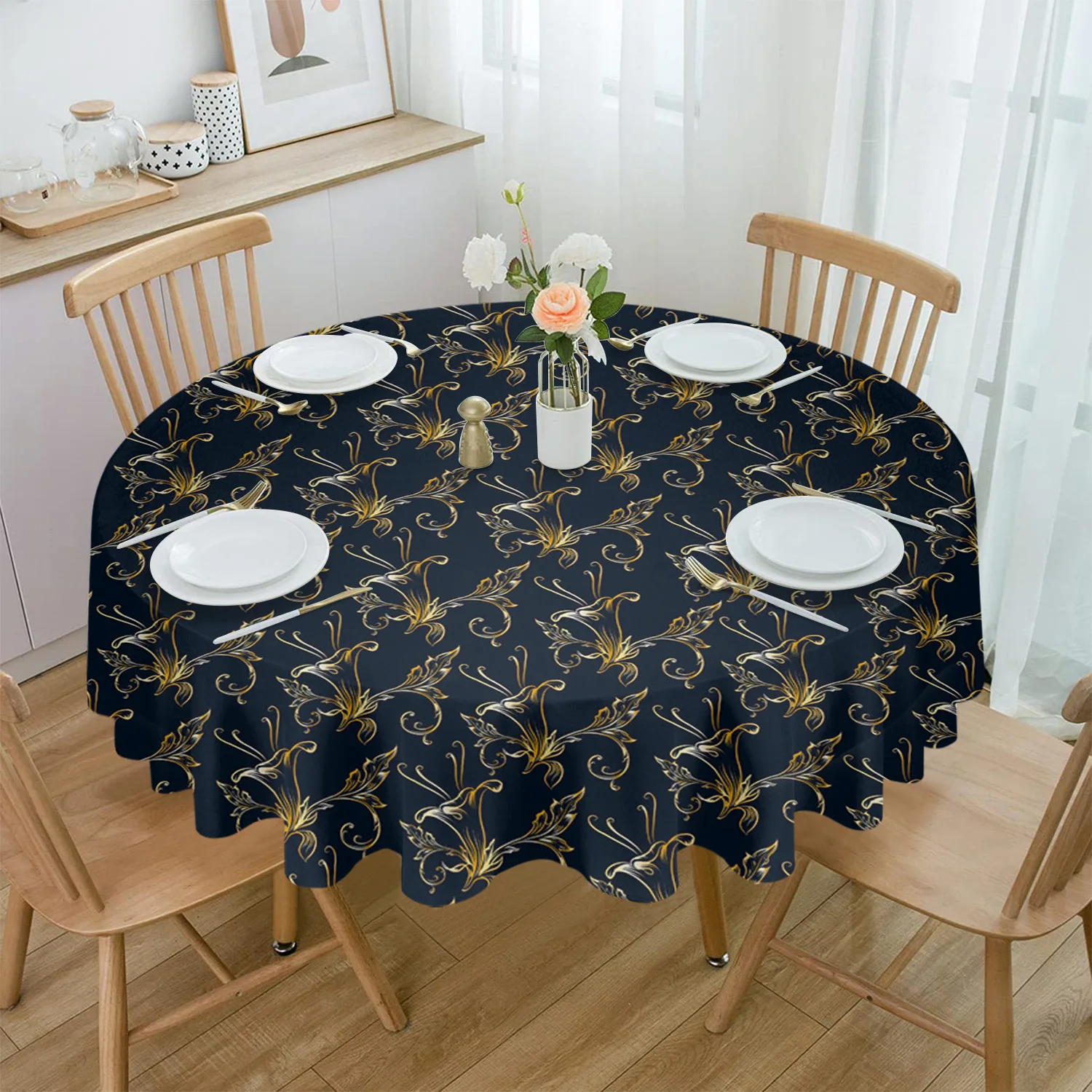 

Gradual Leaf Flower Round Table Cloth Festival Dining Waterproof Tablecloth Table Cover for Wedding Party Decor