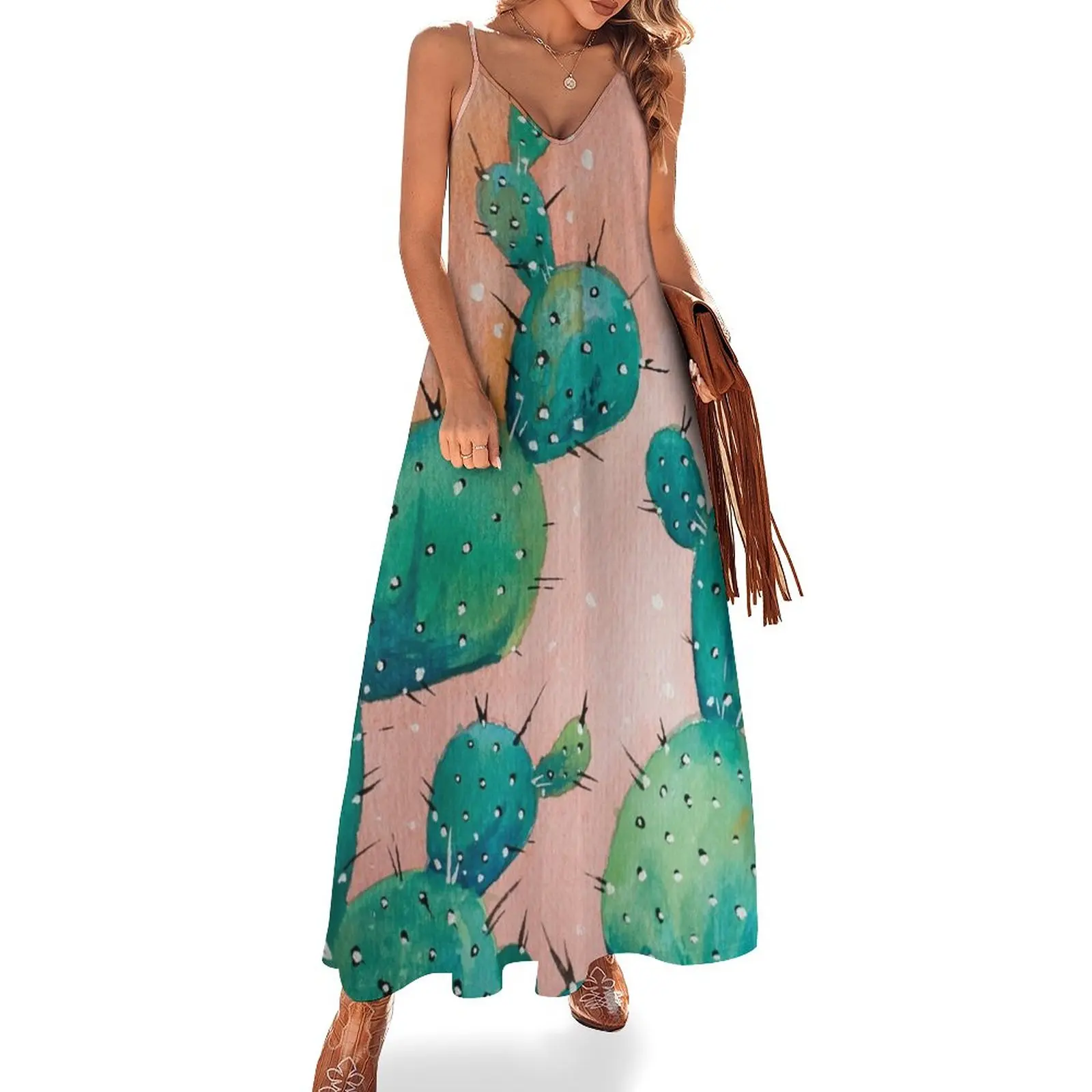 

New Desert cactus watercolor painting Sleeveless Dress Woman fashion Prom gown