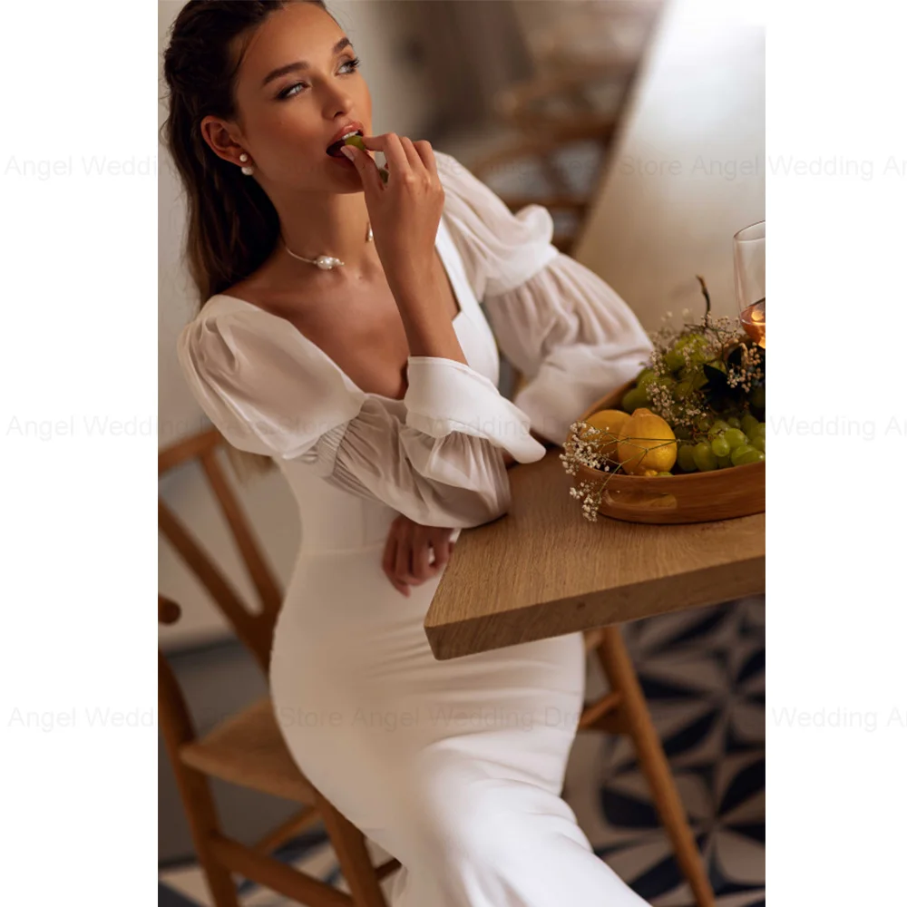 ANGEL Elegant Mermaid Wedding Dress 2024 Long Sleeve Square Collar Open Back Pleat Bridal Gowns Sweep Train Vestidos De Novia 4