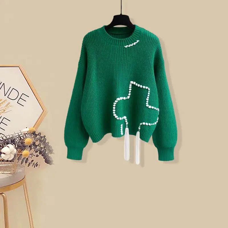 Large Size Women's Autumn Set 2023 New Slimming and Lazy Style Knitted Sweater Casual Wide Leg Pants Two-piece Set