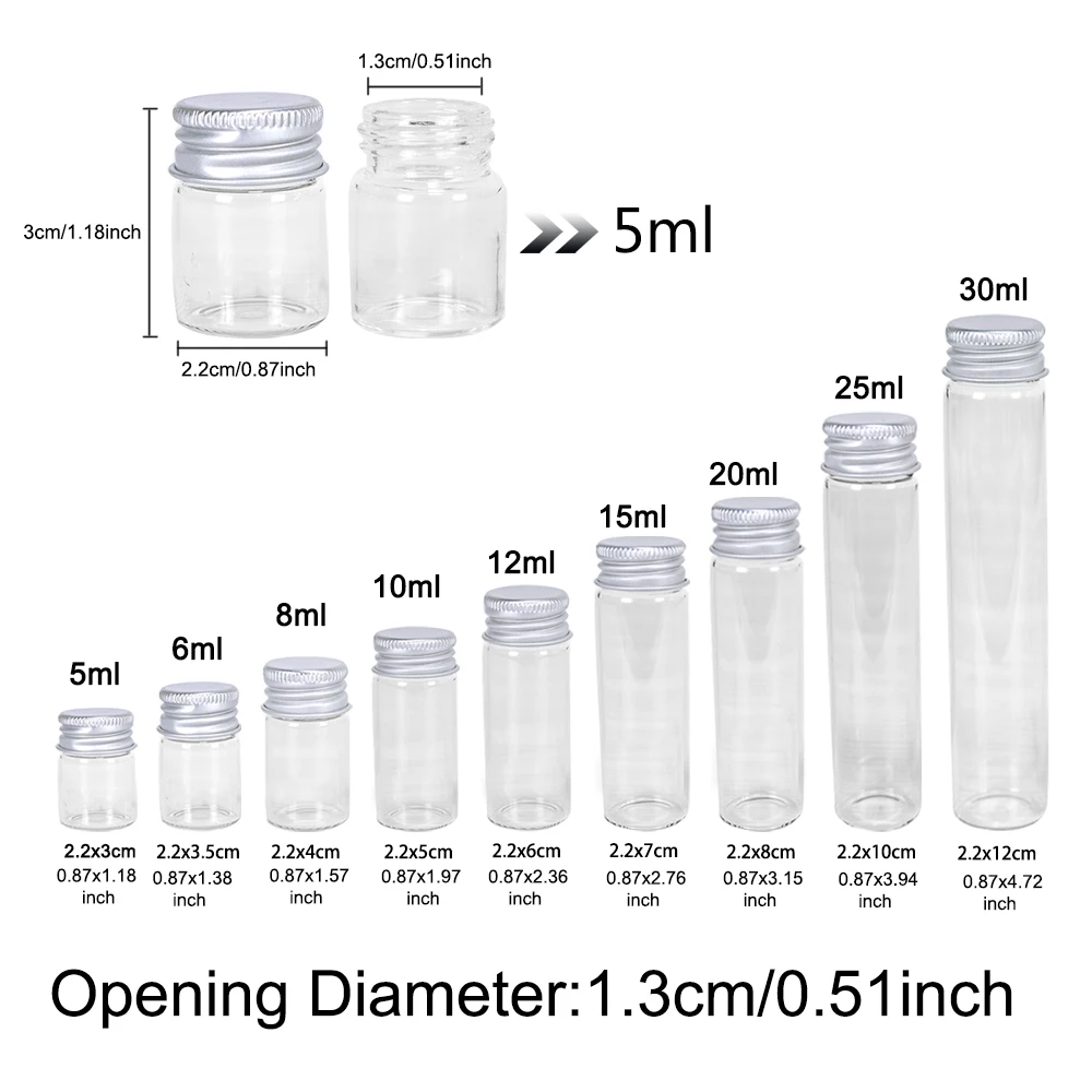 100pcs Jars Crafts Glass Bottles with Aluminium Cap Liquid Bottles Empty Glass 5ml 6ml 7ml 10ml 14ml 15ml 20ml 30ml Vials Jars 2