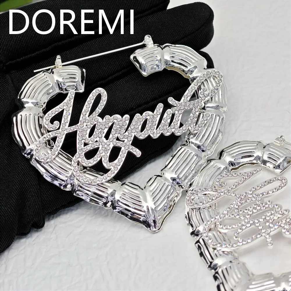 DOREMI CZ Name Heart Bamboo Hoop Crystal Zircon Name Customized Stainless Steel Made Bamboo Big Heart Shaped Earrings HoopHoop doremi gift jewelry women fashion custom name plain letters necklace round zircon stainless steel personalized jewelry