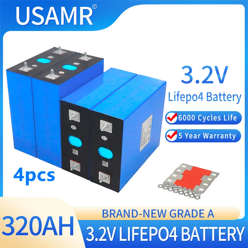 

4PCS 3.2V 320AH Lifepo4 Battery Grade A DIY 12V 24V 48V Rechargeable Lithium Iron Phosphate Cells For Golf Cart Boat Duty Free