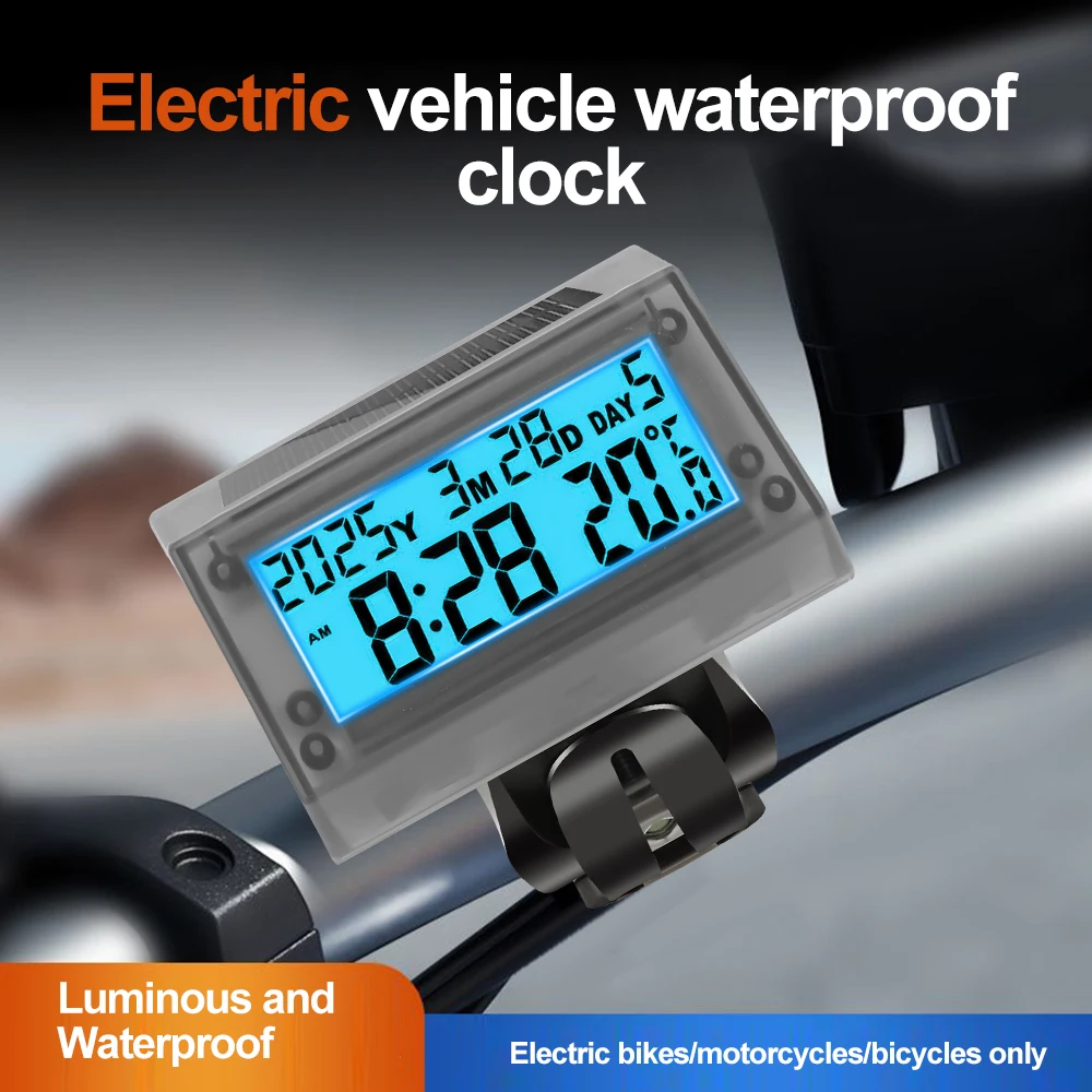 Solar-Powered Handlebar Clock with Backlit Display - Waterproof Motorcycle Accessory