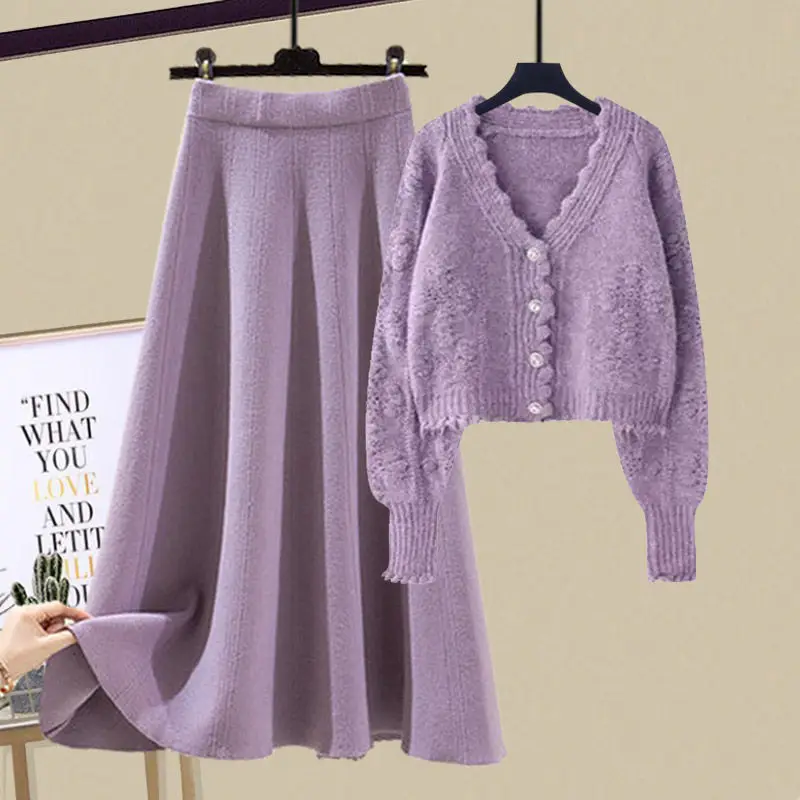 Autumn and Winter Set Women's 2023 New Korean Edition Slim Knitted Cardigan Top Casual Half Skirt Two Piece Set Fashion