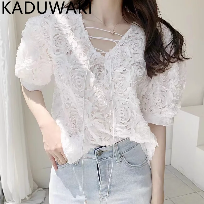 

Однотонные рубашки с 3d-цветами, весенне-летние блузки с круглым вырезом, блузы с коротким пышным рукавом 2024, Женская Повседневная Свободная рубашка во французском стиле, топы