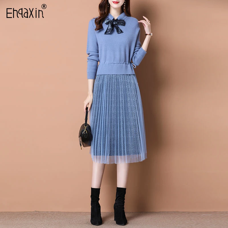 

EHQAXIN Women Knit Dress Fashion 2023 Autumn Winter Elegant Leopard Pattern Mesh Splice Dress Drawstring Sweater Dresses S-4XL
