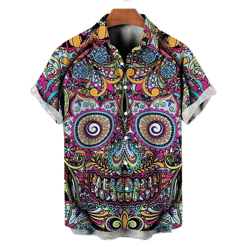 

Fashion Skull Printing Shirts For Men Casual Lapel Single-Breasted Cardigan Tops Hip Hop Trend Harajuku Short Sleeve Blouse 5XL