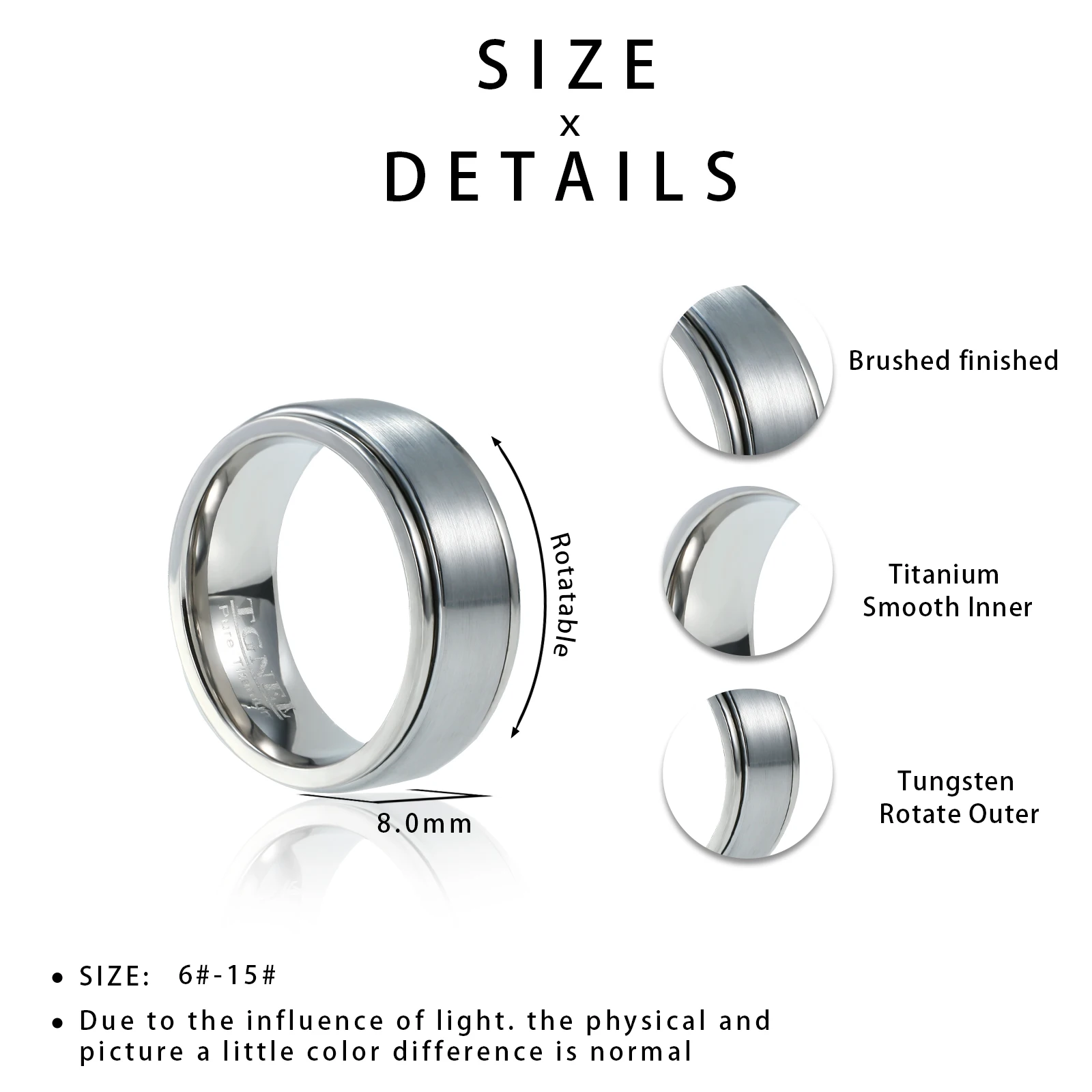 6/8mm Titanium Tungsten Spinner Rings for Men Women  Wedding Band Half Size Nickel Free Fidget Anxiety Comfort Fit 3