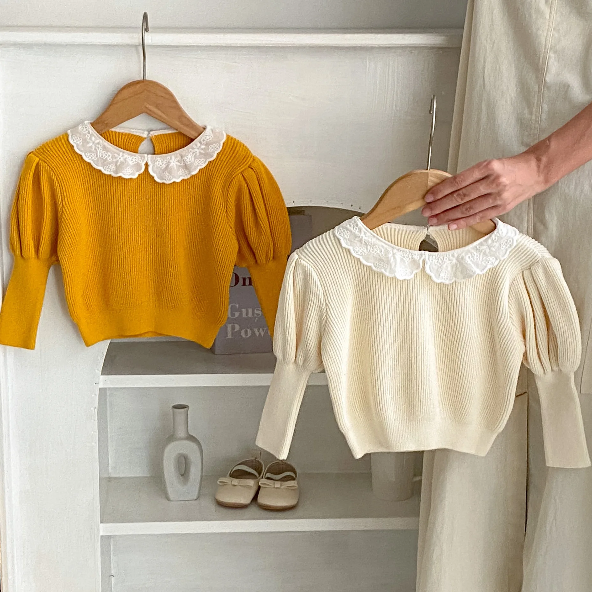 Spring New Baby Girl Lace Collar Bottoming Shirt Cotton Infant Toddler Puff Sleeve Knitted Pullover Girls Solid Casual Tops