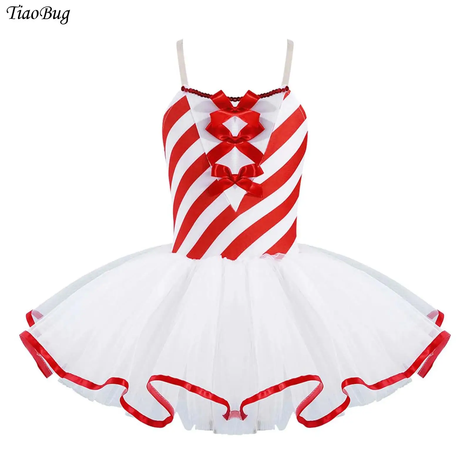 Kids Girls Christmas Ballet Dance Dress Sleeveless Bowknot Stripes Mesh Tutu Dress Party Princess Dress Ballerina Dancewear 2023