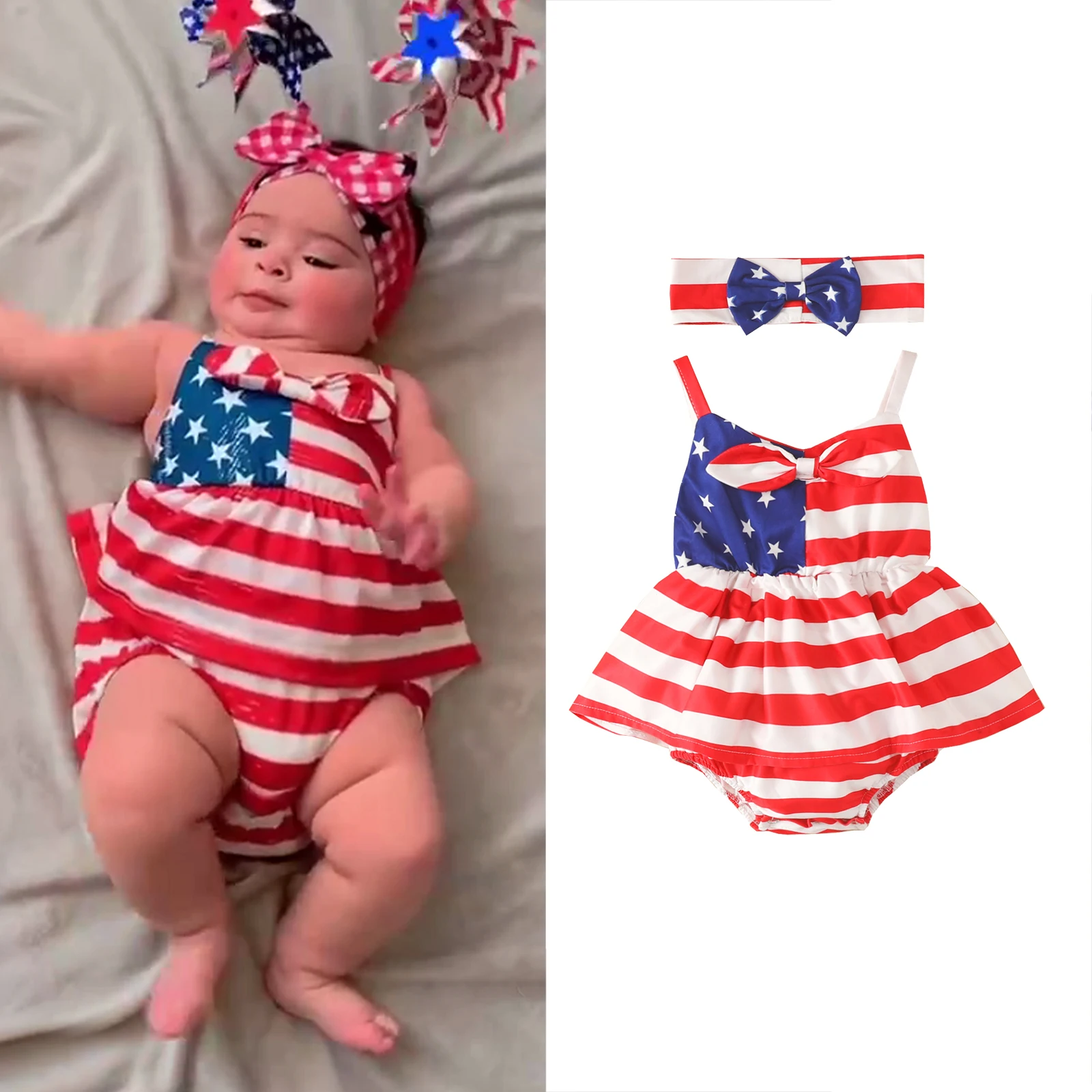 

Baby Girl 4Th of July Outfit Halter Romper Dress Sleeveless Bodysuit Tutu Dress Headbead American Flag Summer Clothes