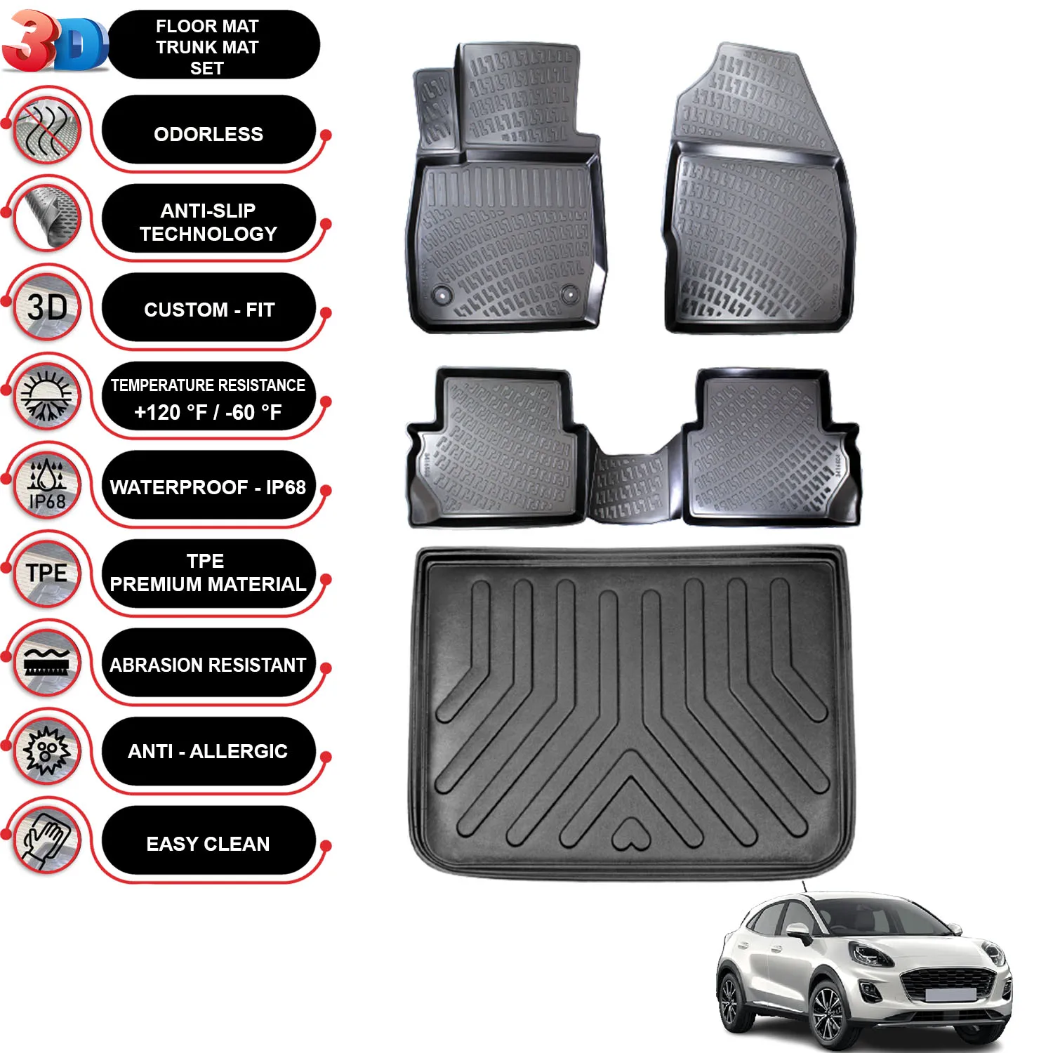 Ford Puma - (2020-2022) -Tappetini + Rivestimento Bagagliaio-Set-(Nero)