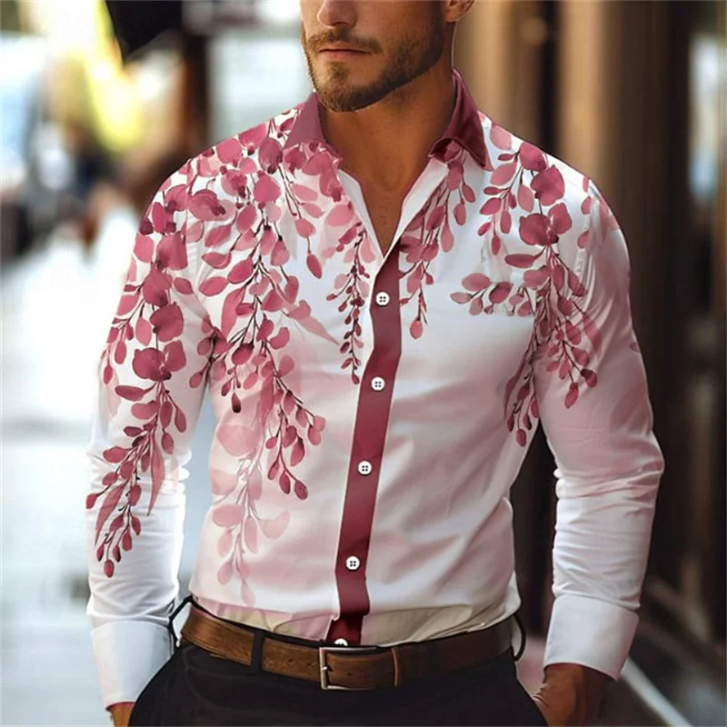 

Men's Leaf Vine Print Long Sleeve Shirt Lapel Street Resort Wear Fashionable Casual Hawaiian Shirt Top