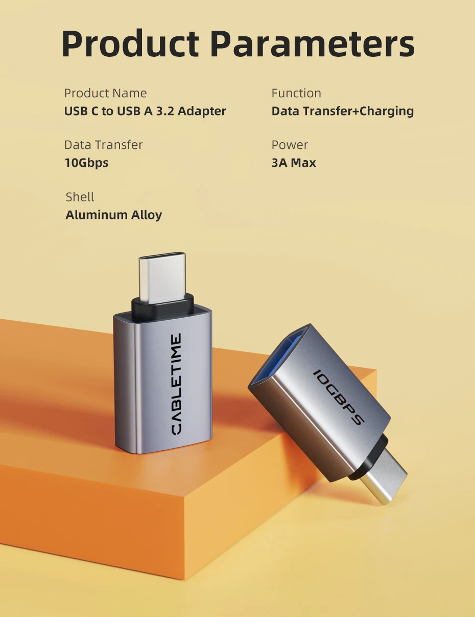 CABLETIME 10 Gbit/s USB-auf-Typ-C-OTG-Adapter Gen 2 Hochgeschwindigkeits-Datenübertragung USB-C-Stecker auf A-Buchse für MacBook Pro iPhone 16 iPad – Detail 10