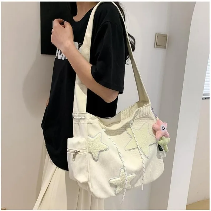 Corduroy Star Embroidery Crossbody Bag - Multi-Pocket Tote with Adjustable Strap, Cute Daily Purse for Women pink/white