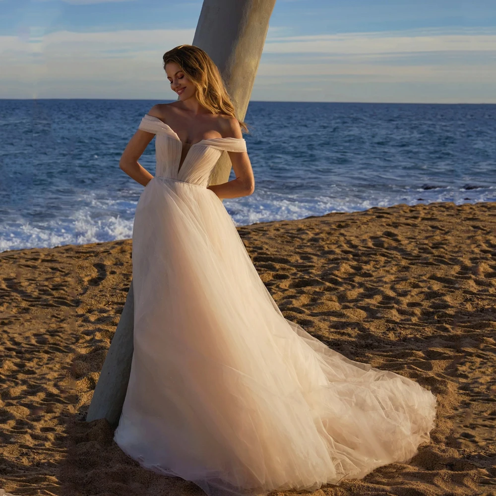 

Beach Tulle Wedding Dresses Sweetheart Neck Sleeveless Bridal Gowns Pleat Back Zipper Floor Length A-Line Vestidos De Novia