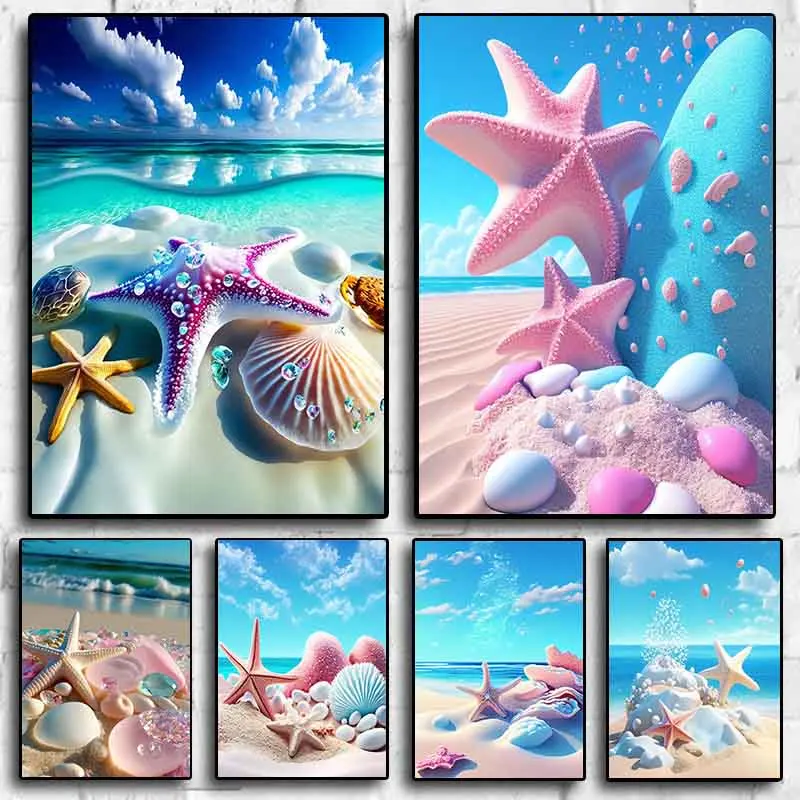 

Поп-арт красочный синий океан небо Морская звезда Плакат эстетический пляж Печать на холсте Картина Настенная роспись Декор для дома гостиной подарок