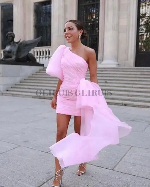 Light Pink Short Mini Chiffon Prom Dress Asymmetric One Sleeve With Bow Party  Dress Pleated Formal Night Evening Gowns - AliExpress