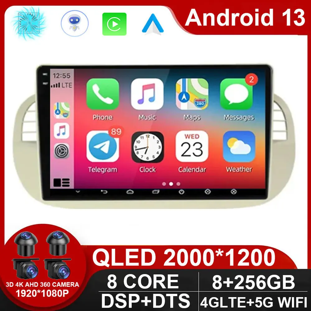 

Автомобильный радиоприемник 9 дюймов Android 13 для Fiat 500 с GPS-навигацией, управление рулевым колесом, мультимедиа, Carplay и авто BT, Wi-Fi, без DVD