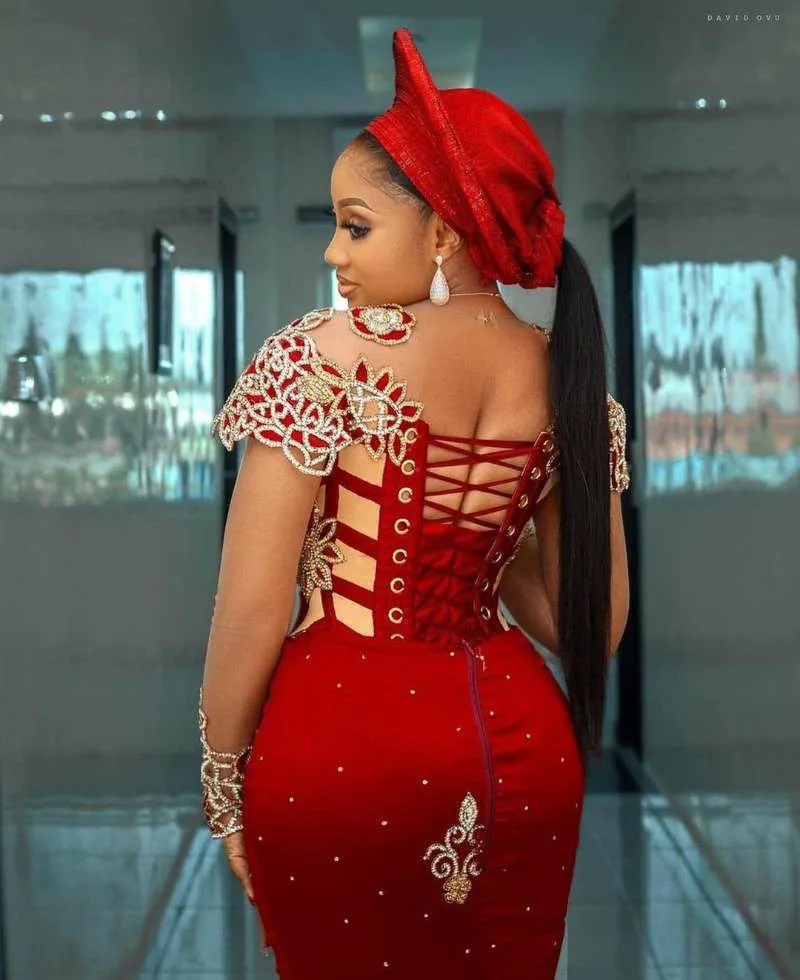 SoDigne Mermaid Red Evening Dress Short Sleeves African Gold Lace Appliques Lace up Saudi Arabic Formal Prom Party Gown