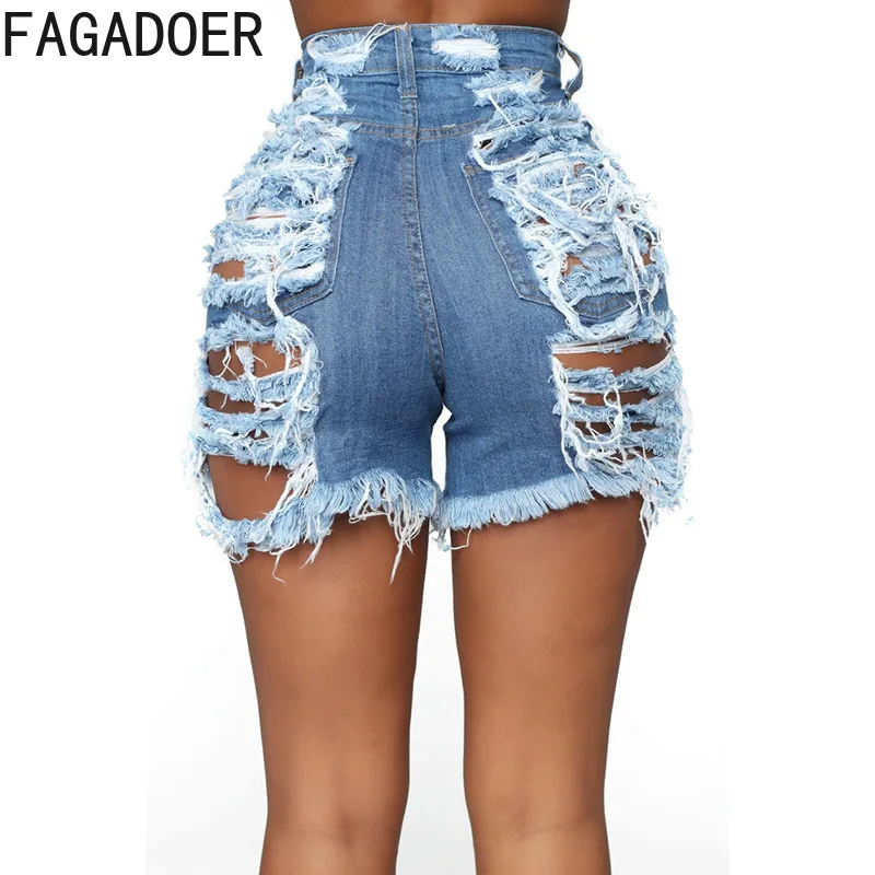 FAGADOER Blue Vintage Fashion Hole Hollow Denim Shorts Women High Waisted Button Skinny Jean Sexy Female Solid Cowboy Bottoms