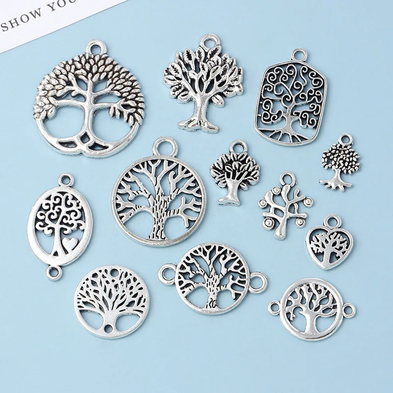 DIY Vintage Silver Round hollow Tree of Life Pendant Earring Creative Alloy Accessories Material charms for jewelry making 10pcs silver charm silver charms metal charm alloy pendant jewelry charms