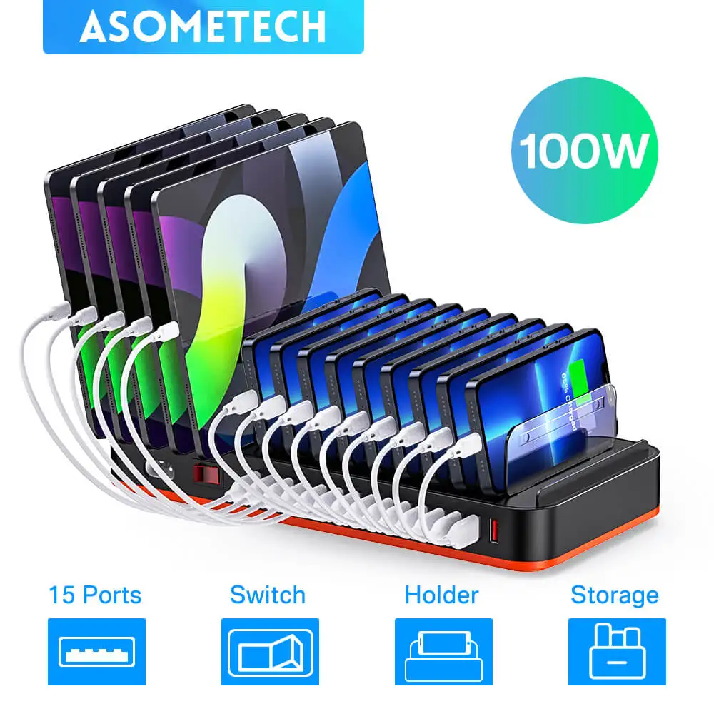 ASOMETECH 100W 15/20 Port USB Charger Station With Storage Phone Holder Multi USB Charger For iPhone iPad Smasung Xiaomi Huawei 