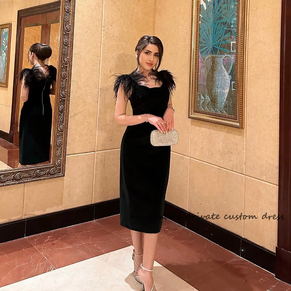 

Black Feather Straps Mermaid Evening Party Dresses Spandex Satin Saudi Arabic Prom Party Gowns Tea Length Dubai Formal Dress