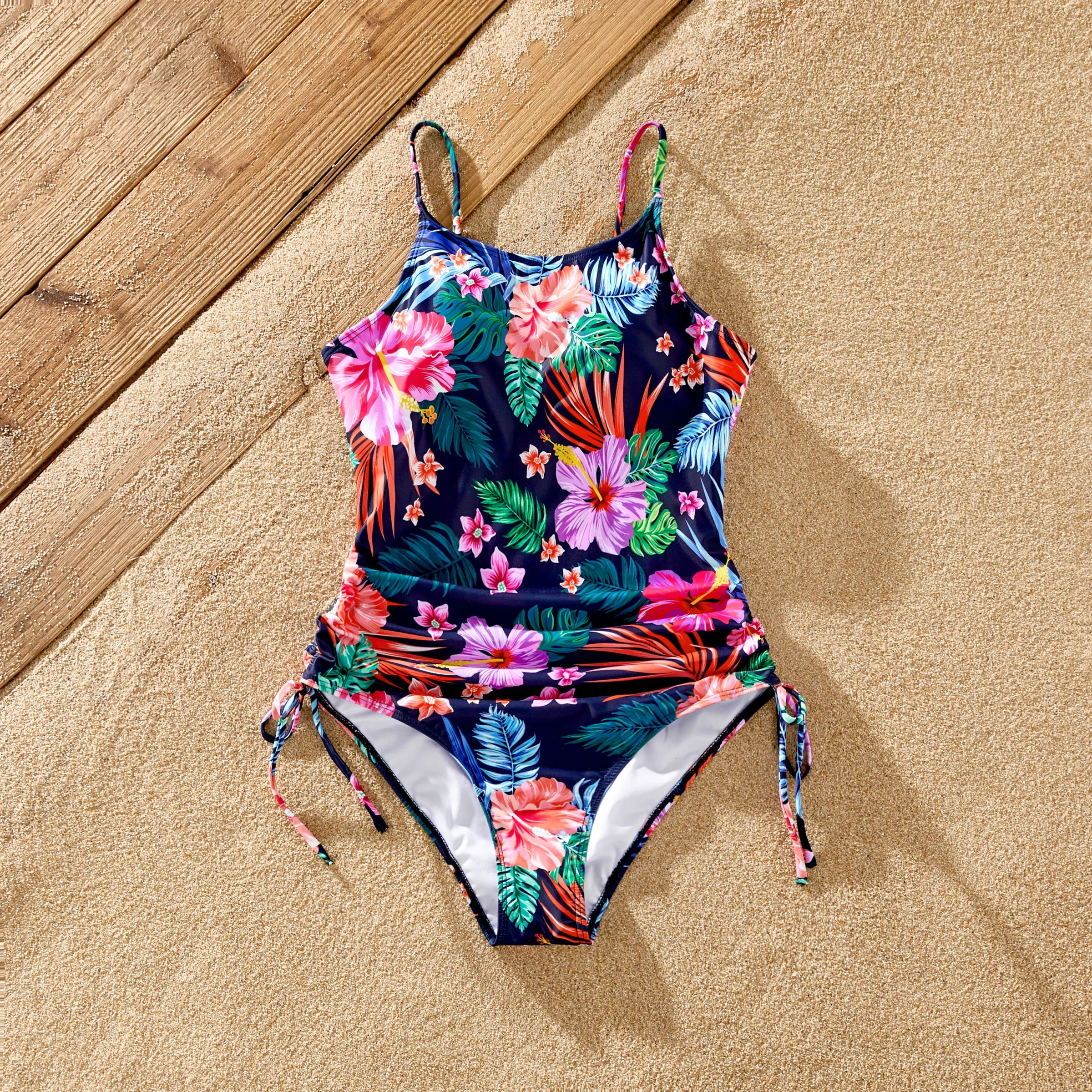 PatPat Family Matching Tropical Floral Drawstring Swim Trunks or Ruched Drawstring Side One-Piece Strap Swimsuit 6