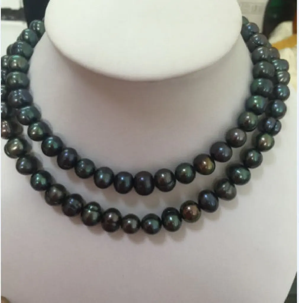 

double strands 8-9-10mm baroque tahitian black green pearl necklace 33INCH