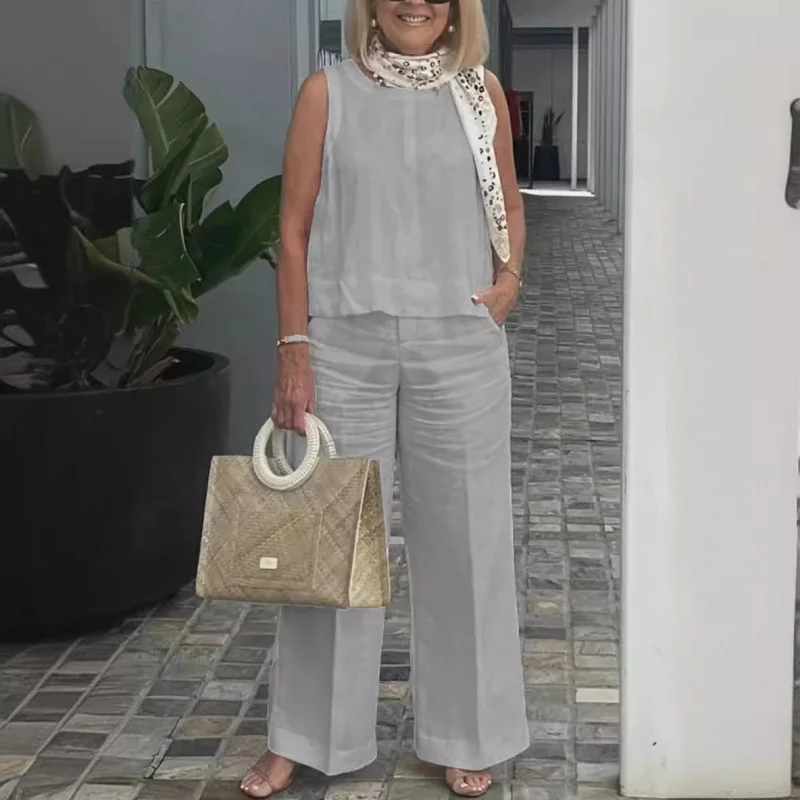 Cotton and Linen Sleeveless Suit for women Spring Round Neck Tank Top & Wide-leg Pants Two Piece Set Summer Solid Casual Outfits